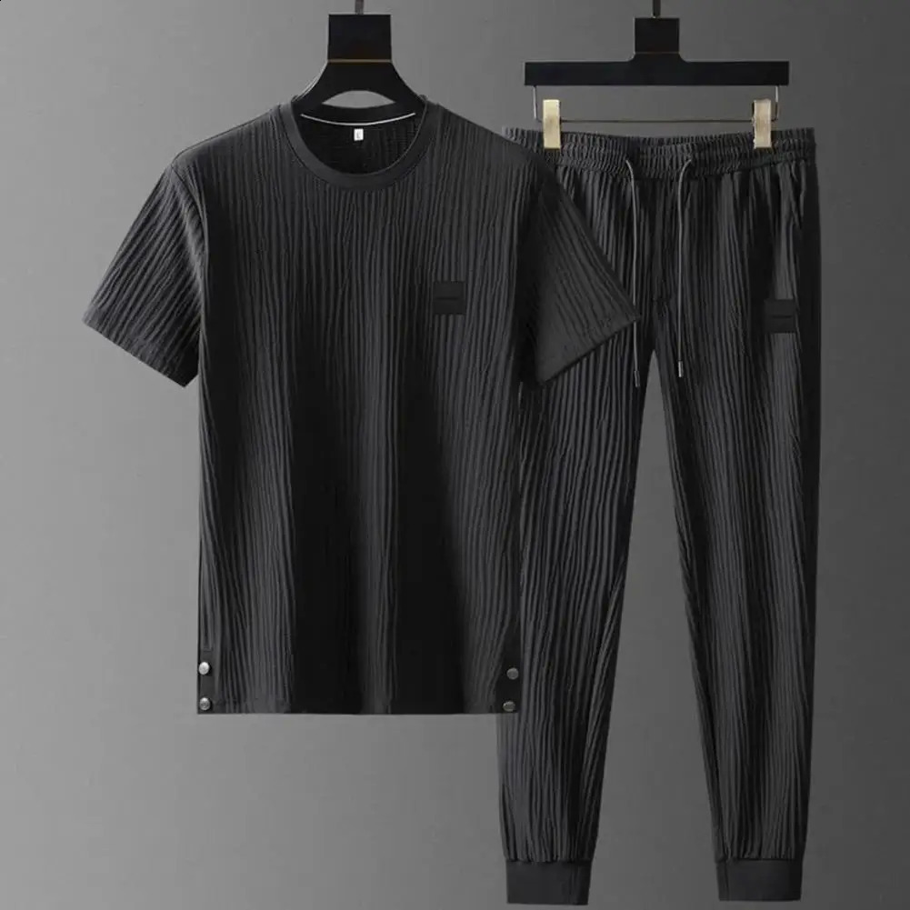 Men Outfit Sports Suit Mens Summer Pleated Shirt Pants Twopiece Set Breathable Tracksuit for Daily Wear Soft Thin Casual 241223