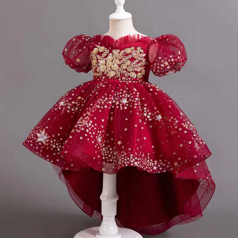 Childrens Christmas Par Dress Girls Carnival Tail Bow Wedding Dress Childrens Elegant Glitter Mesh Princess Dress W241231