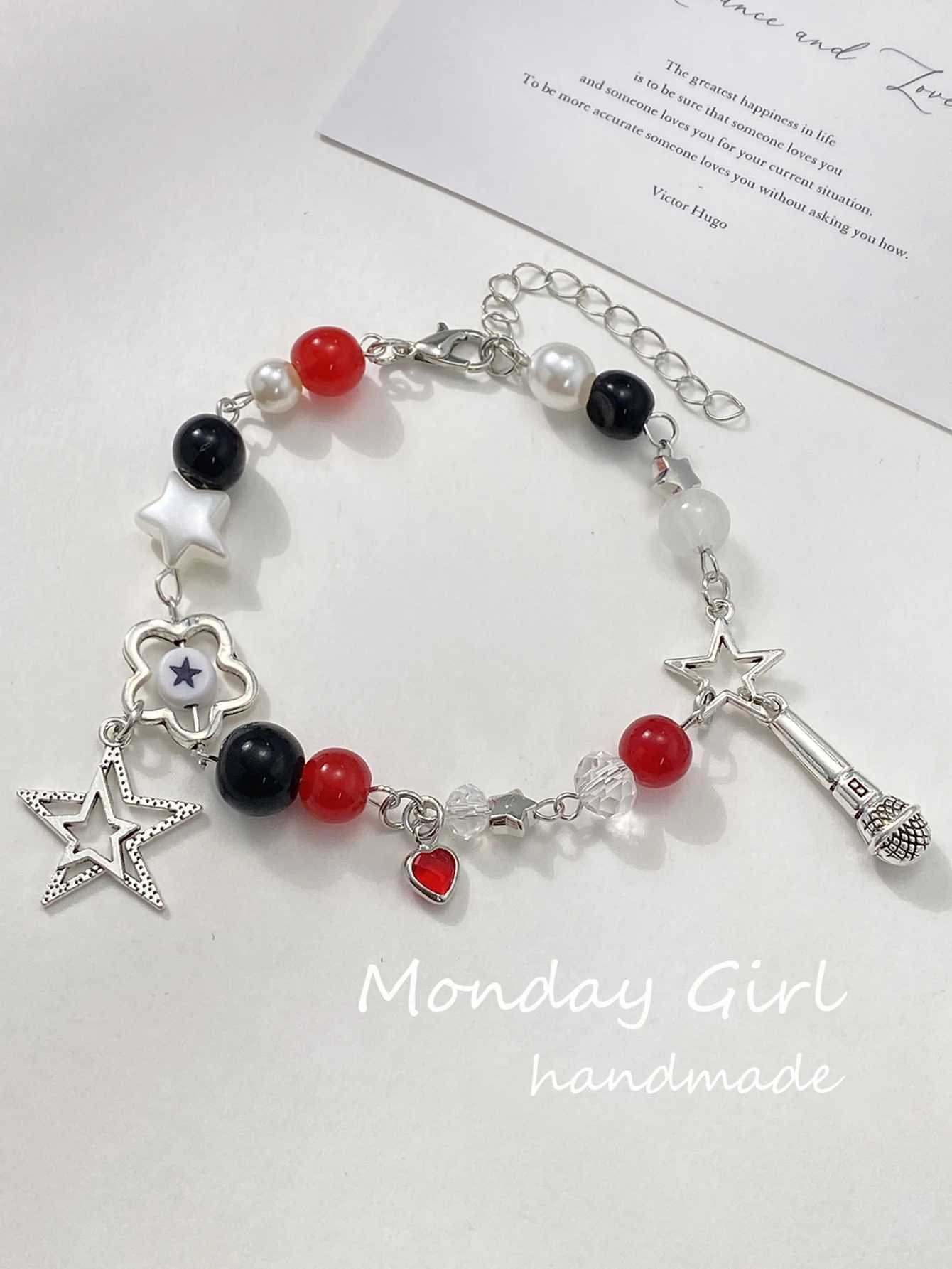 1 piece of fashionable heart-shaped star sweet Y2K imitation pearl colored handmade bead bracelet for womens dance party gift charm jewelry W241231