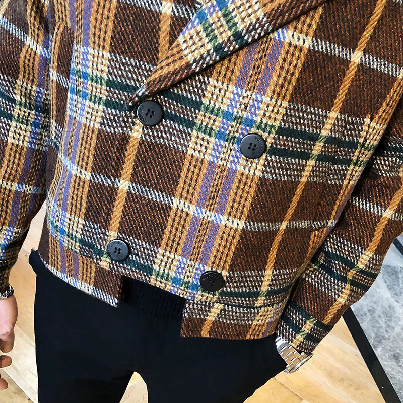 Wool Blend Trench Jackets Autumn Winter Short Loose Jacket Korean Fashion Plaid Mens DoubleBreasted Tweed Coat 241224Z