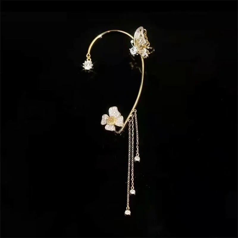 Korean Sparkling Zircon Flower Butterfly Ear Cuff Without Piercing Tassel Clip Earrings for Women Simple Fine Jewelry 241225