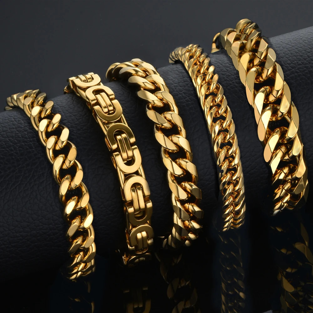 5 Style Men Bracelet 316L Stainless Steel Gold Silver Color Curb Cuban Link Chain Bracelet for Male Hiphop Trendy Jewelry Gift 241230