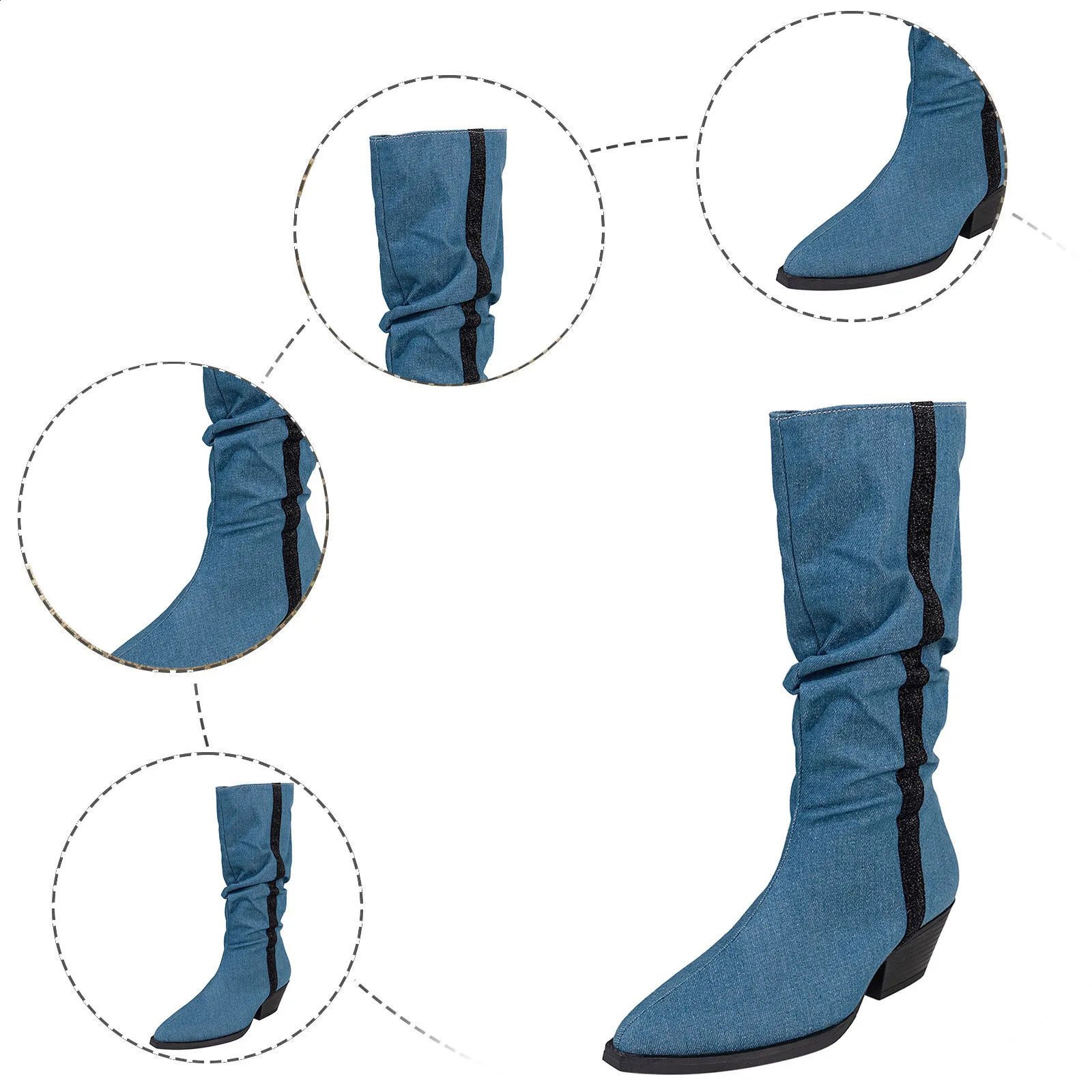 Western Vintage Mid Calf Boots For Women Fashion Retro Winter Denim Thick Heel Pointed Long Sleeve Knee Length Boots Botas 241231