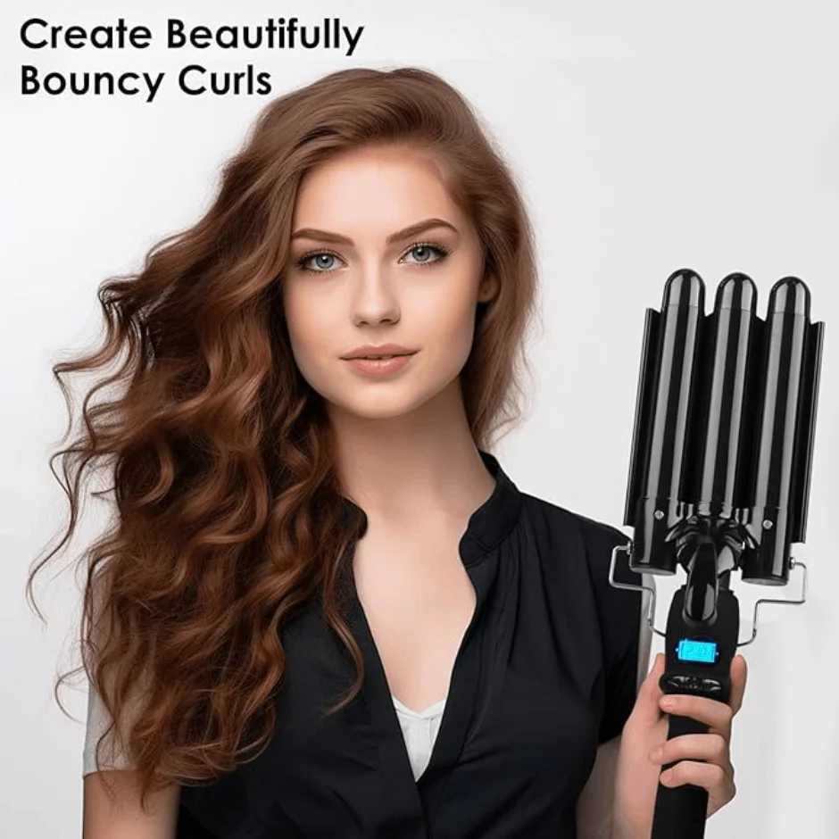 Three barrel curling iron ceramic curling iron with LCD display screen adjustable temperature three barrel curling tool fast heating W241231