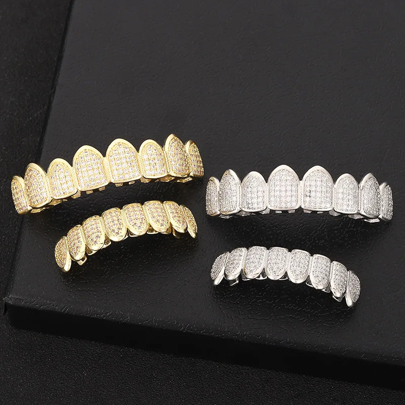 HipHop CZ 8 Teeth Set For Unisex Top Bottom Mouth Gold Silver Color Teeth Tooth Cap Removable Dental Fashion Jewelry 241226
