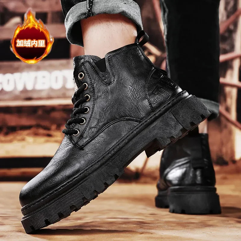 Mens Boots Low-top Motorcycle Boot Casual Leather Work Shoes Men Short Velvet Warm Non-slip Waterproof Trendy Mens Shoe 241231