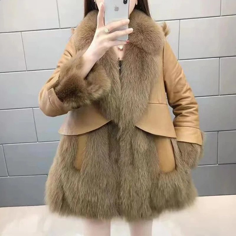 Elegant Ladies Jackets Fashion Solid Color Lapel Long Sleeve Leather Patchwork Sweater Medium Styles Fur Coats 241223