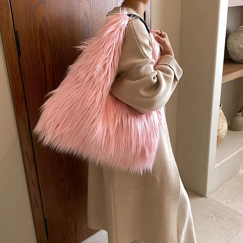 Wool Womens Winter Warm Plush Crossbody Shoulder Bags Y2k Girls Faux Fur Bucket Bag Fashion Female Furry Purse Tote Handbags 241231