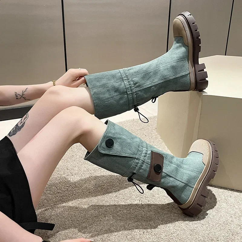 Women Blue Denim Thigh High Boots Thick Heels Simple Thick High Heels Autumn Winter Fashion Platform Knee High Knight Boots 241231