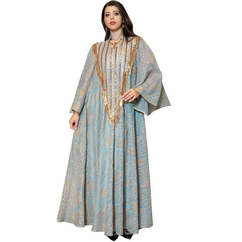 Muslim Evening Arab Dubai Dress Mesh Embroidered Sequined Robe Women's Wear