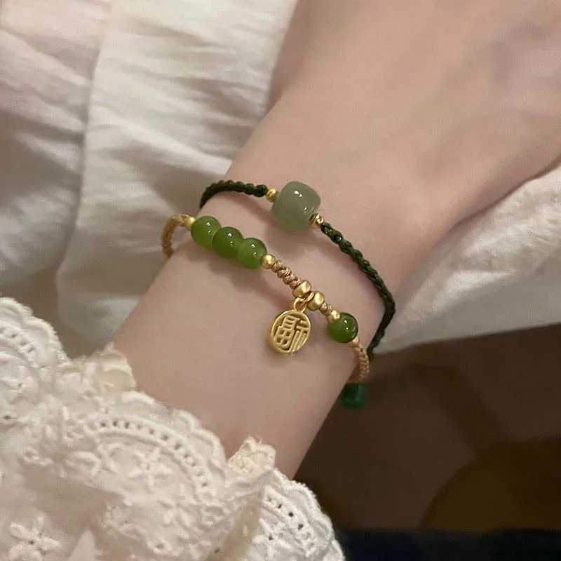 New Chinese Style Hetian Jade Pearl Bracelet Womens Retro Simple Woven Rope Adjustable Charm Bracelet Jewelry Gift W241231
