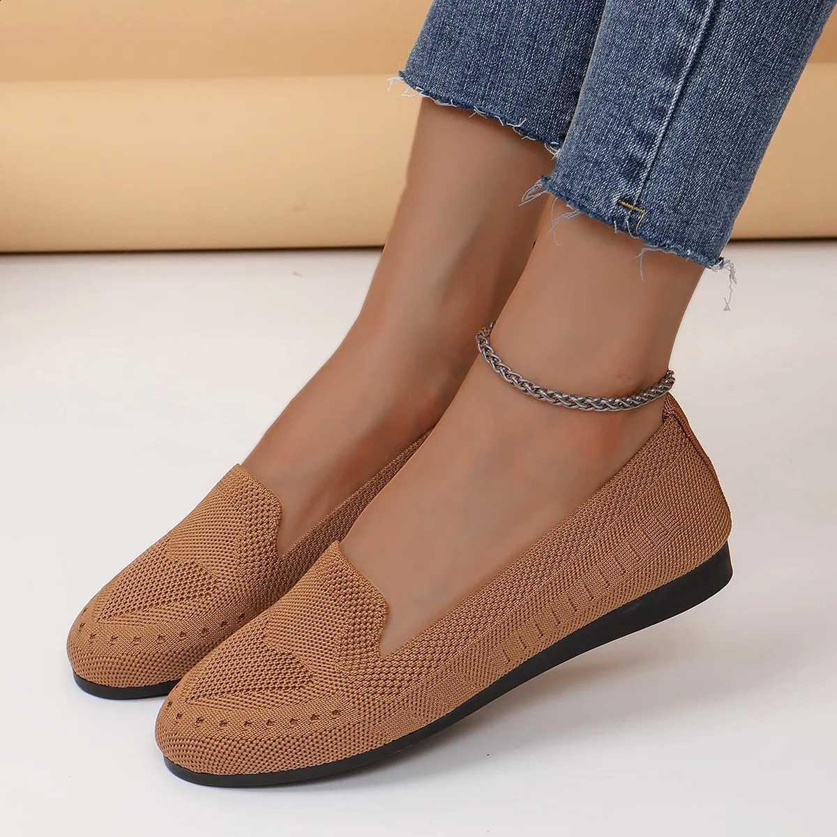 Plus Size 43 Womens Casual Round Toe Flat Shoes Solid Color Knitted Slip on Office Work Boat Shoe Loafers Zapatos Mujer 241225