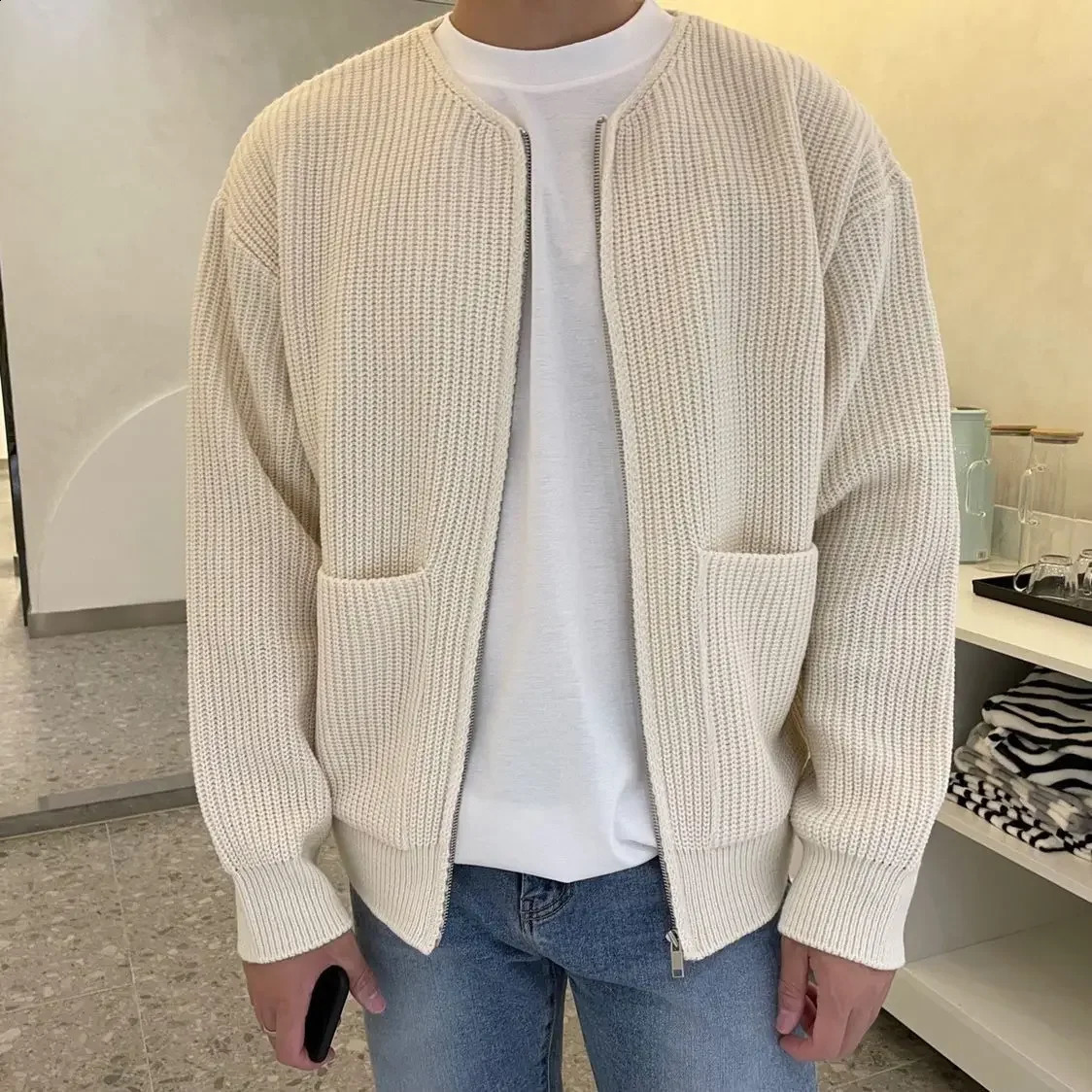 Man Clothes Casual Cardigan Knitted Sweaters for Men Solid Color with Pockets Crewneck Zipup Round Collar Plain Zipper Order S 241228 - view 4