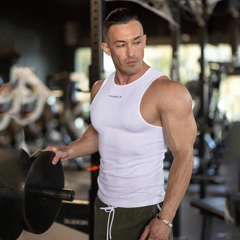 Mens Tank Top Sports Fitness Sleeveless T-Shirt Summer Cotton Crew Neck Quick Dry Breathable Elastic Vest Training Clothing 241230