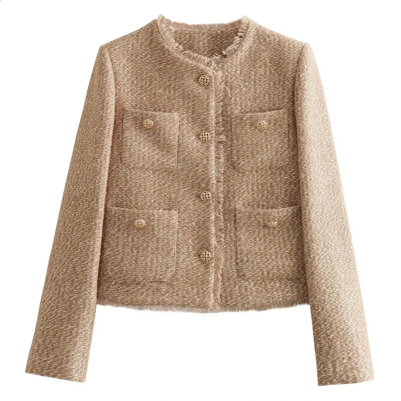 TRAF Jackets Outerwears Cropped Tweed Jacket Women Autumn Long Sleeve Solid Coats Texture Winter Coat Female Elegant Short Coats 241230
