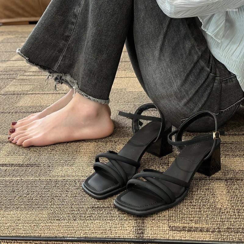 Sandals 2024 Summer Buckle Strap Clear Heels Retro Woman Shoes High Female Open Toe Original High-heeled Girls Peep Block Pu