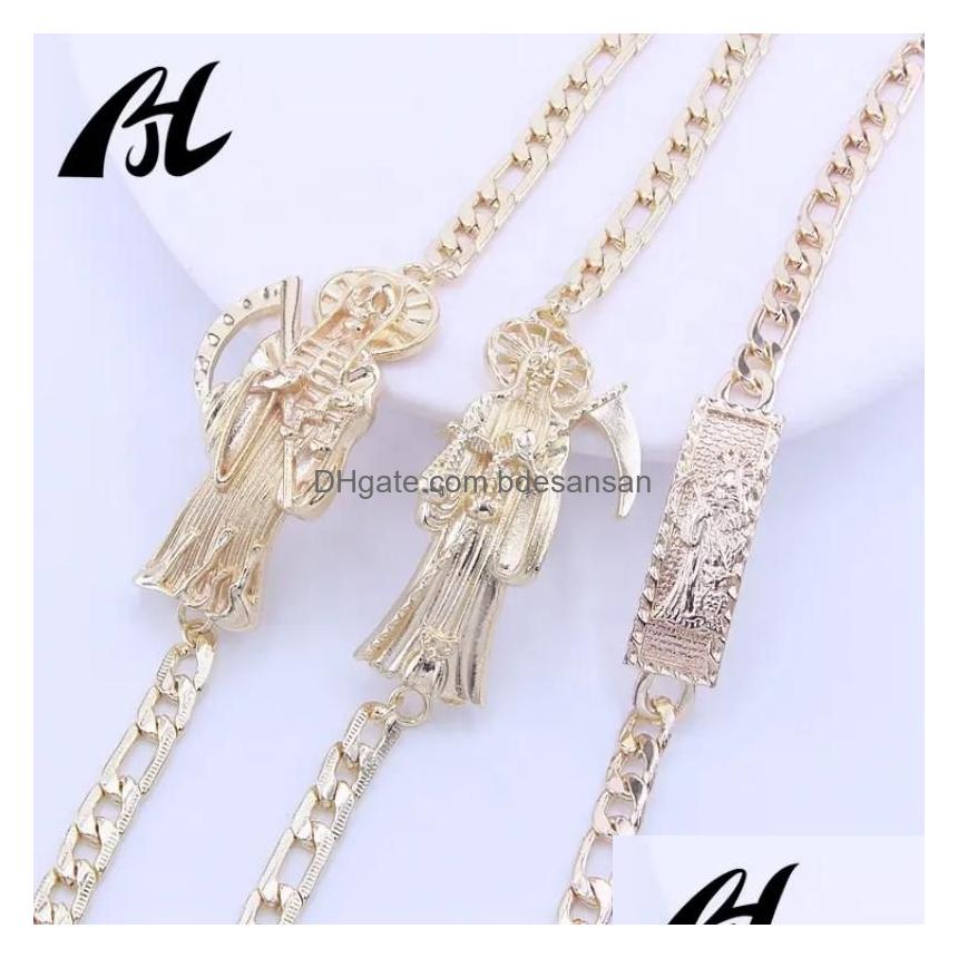 Chains Men Pulseras Oro Laminado 14K 18K 23cm Gold Plated Religious Jewelry Holy Death Santa Muerte Bracelet Charms Wholesale Drop Delive Dhrqk
