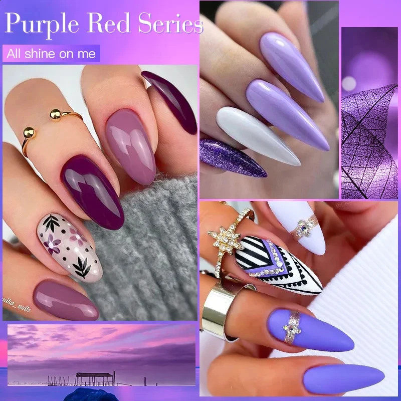 6Pcs/Set Purple Glitter Bright Gel Nail Polish Set Semi Permanent Spring Summer Colors Series Soak Off UV Nail Art Gel Varnish 241230