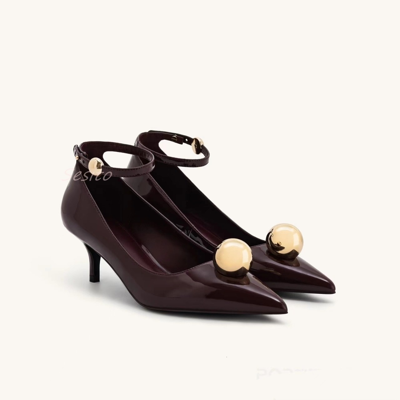 Pointy Toe Kitten Heels Pumps Round Ball Decor Ankle Buckle Fashion Women Classic Dress Sandals Office Lady Daily Casual Shoes