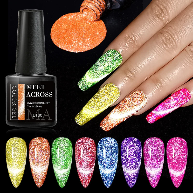 MEET ACROSS 7ml Cat Magnetic Gel Nail Polish Set Glitter Rainbow Sparkling Magnetic Gel Polish Kits DIY Nail Art Vernis Manicure 241230