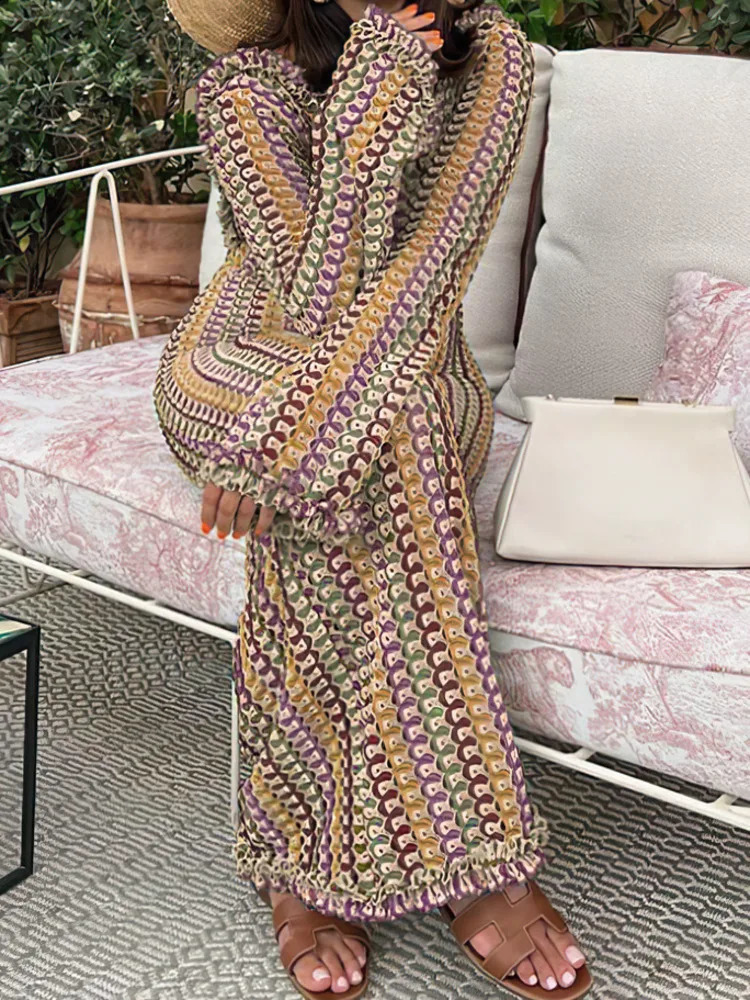 LANMREM Fashion Backless Womens Dress Lace Contrast Color Long Sleeves Slim Dresses 2024 Summer Clothing 32C825 241231