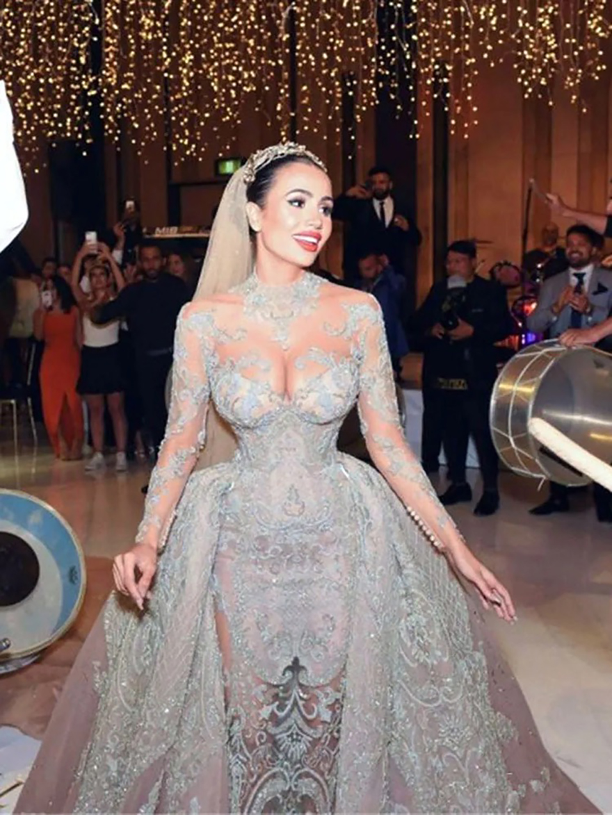 Luxury Crystal Beaded Mermaid Wedding Dresses With Detachable Train High Neck Transparent Long Sleeve Lace Bridal Gowns