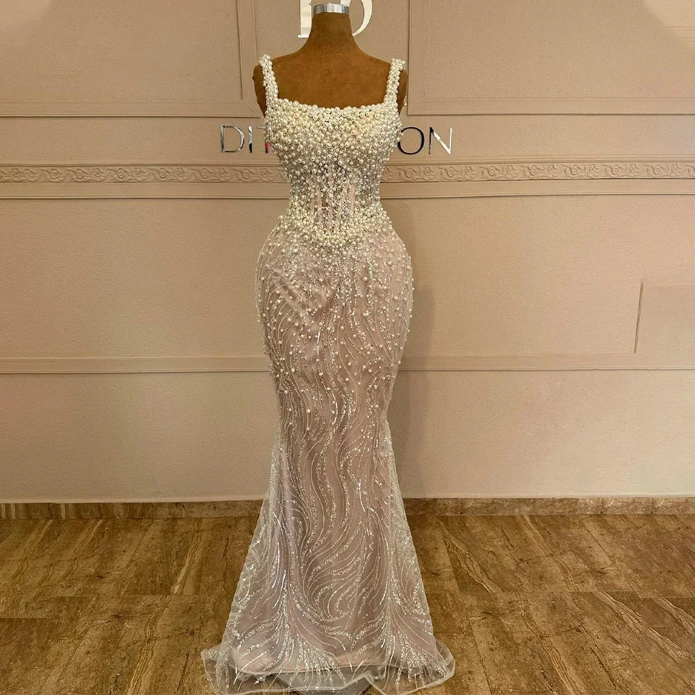 Elegant Evening Dresses For Women Square Neck Sleeveless Gown Sequins Pearls Sweep Train Customized Dress Party