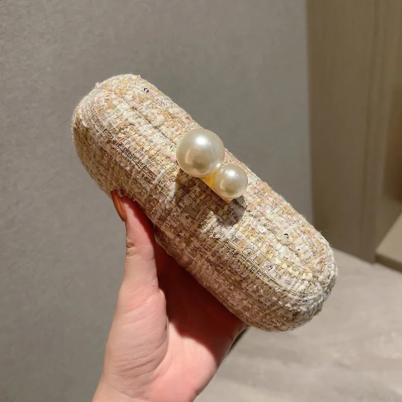 Sequin Tweed Evening Bag Faux Pearl Clutch Purse Plaid Pattern Handbags for Wedding Party Prom Small Shoulder Crossbody Bags 241231