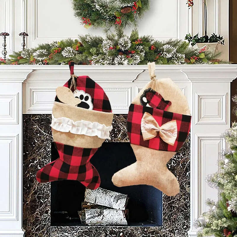 Decoration Stockings Plaid Soc Pet Sock Gift Bag Christmas Tree Decor