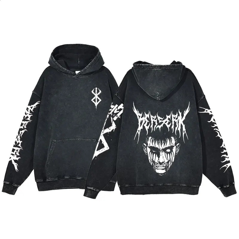 Berserk Anime Acid Washed Hoodie Mens Clothing Vintage Cotton Hoodies Women Hip Hop Hooded Sweatshirts Y2K Clothes Oversized 241230