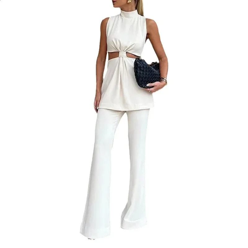 Women Two Piece Sets Pant Set Sexy Slim Fit Hollow Out Round Neck Sleeveless Solid Tops Wide Leg Long Pants Elegant Splice 241230