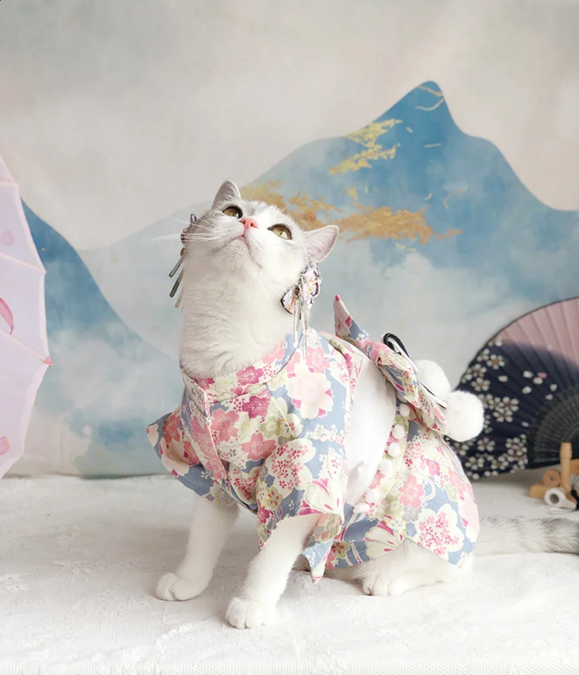 Japanese Style Thin Cat Dog Coat Kimono Summer Pet Clothes for Cats Dogs Cute Print with Bow-knot Kitten Sphynx Clothing Outfit 241231