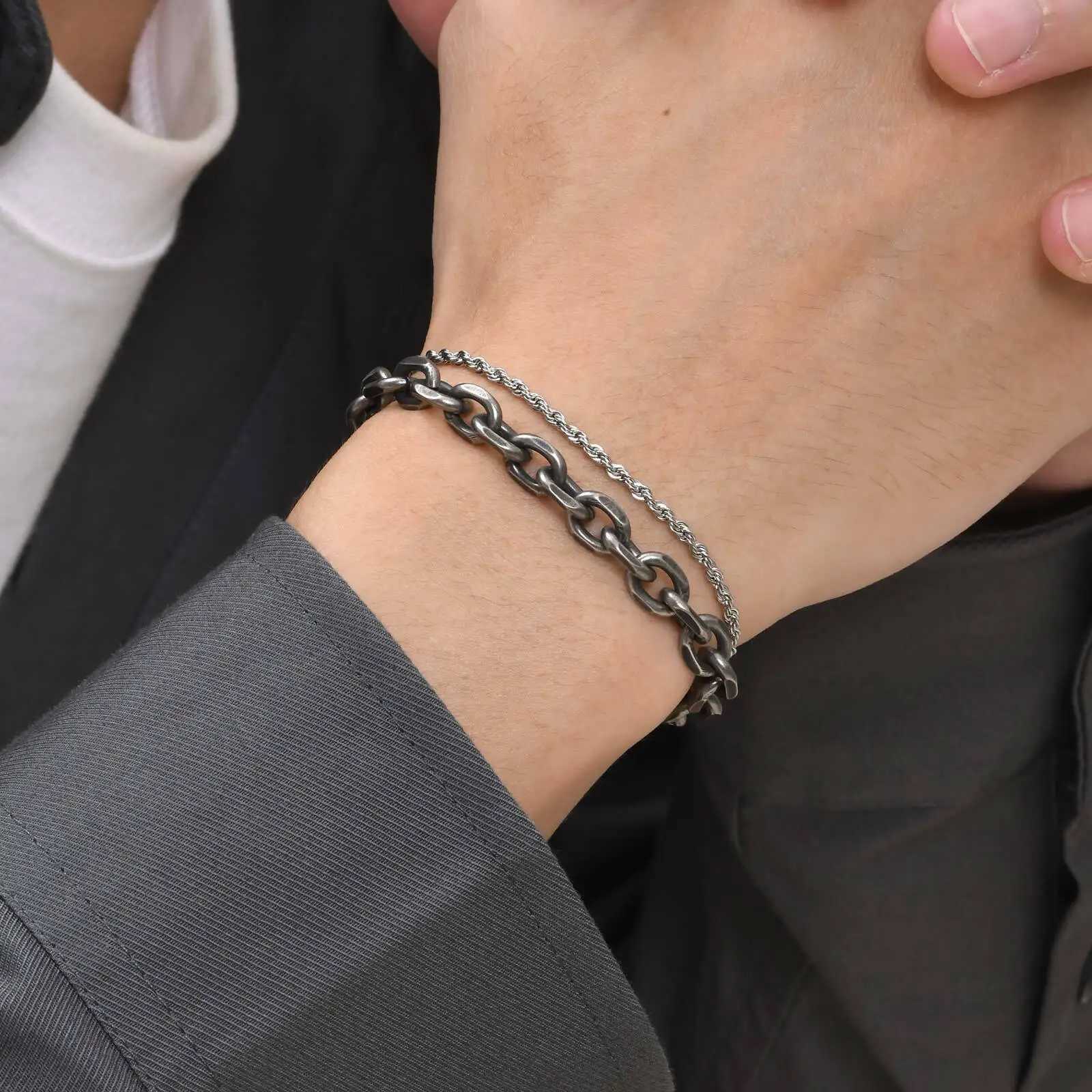 Mens stainless steel bracelet adjustable twisted rope chain Rolo chain wristband vintage rock punk jewelry gift W241231