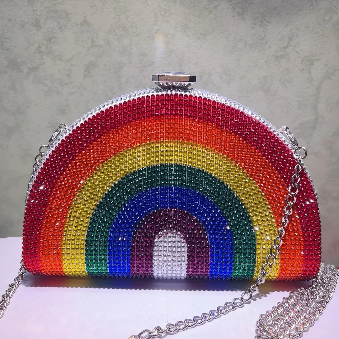 Rainbow Color Crystal Evening Clutch Bags Wedding Party Chain Bag Women Boutique Half Moon Rhinestone Purses And Handbags 241231