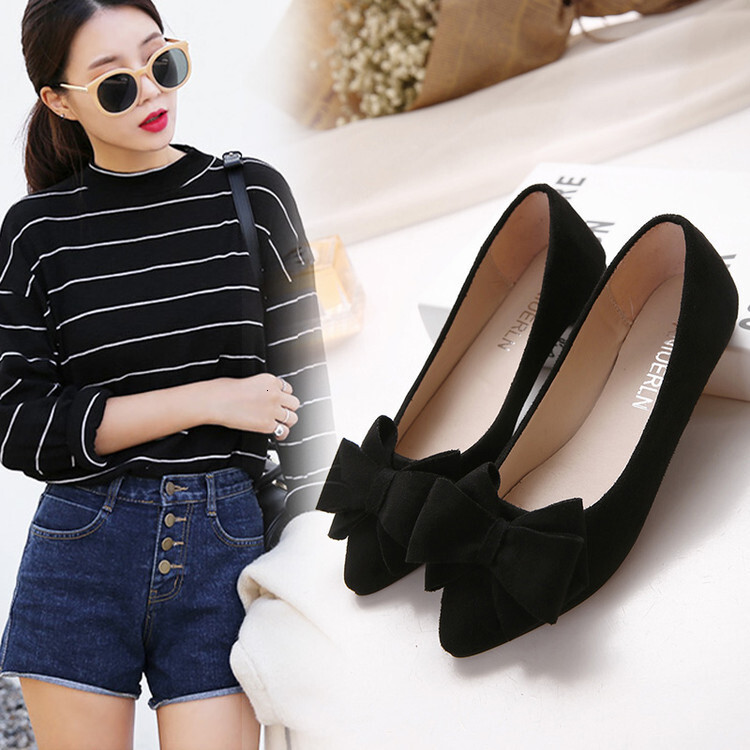Ddmywed Spring And Autumn New Pointed Shallow Mouth Women's Single Heel Flat Bottom Bow Korean Edition Suede Ladle Shoes Large Chinese Brand Shoe
