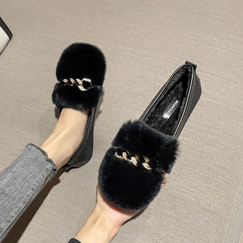 2025 new Glitter Rhie chain flat 6271d loafers winter plush cotton shoes women large size warm fur moccasins shallow slip-on espadrilles