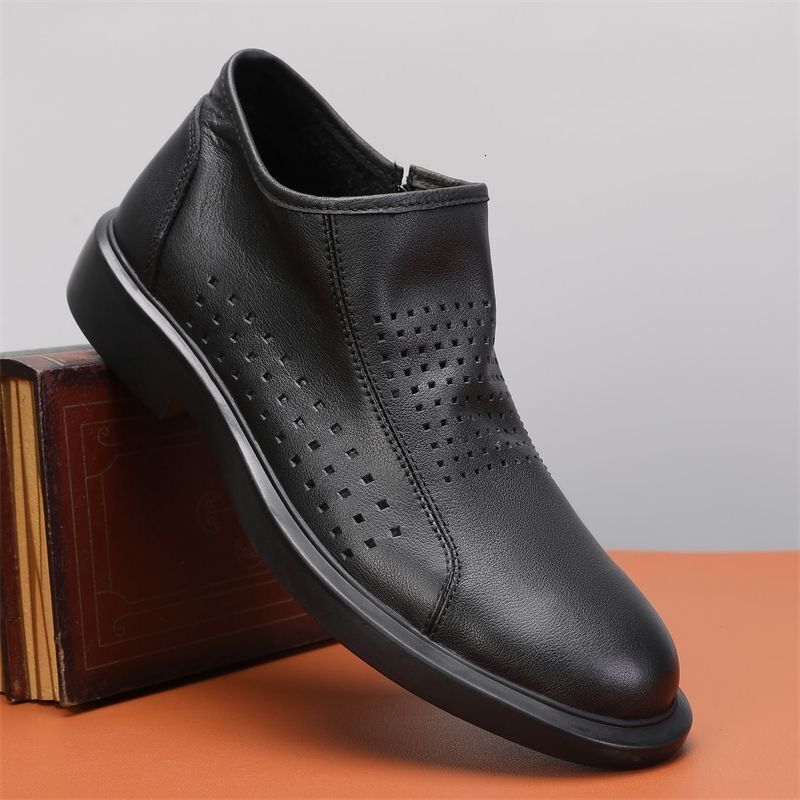 Vintage Genuine Leather Men's Casual Shoes Summer Perforated Roud Toe Thick Bottom Loafers British Style Side Zip Disnger Flats