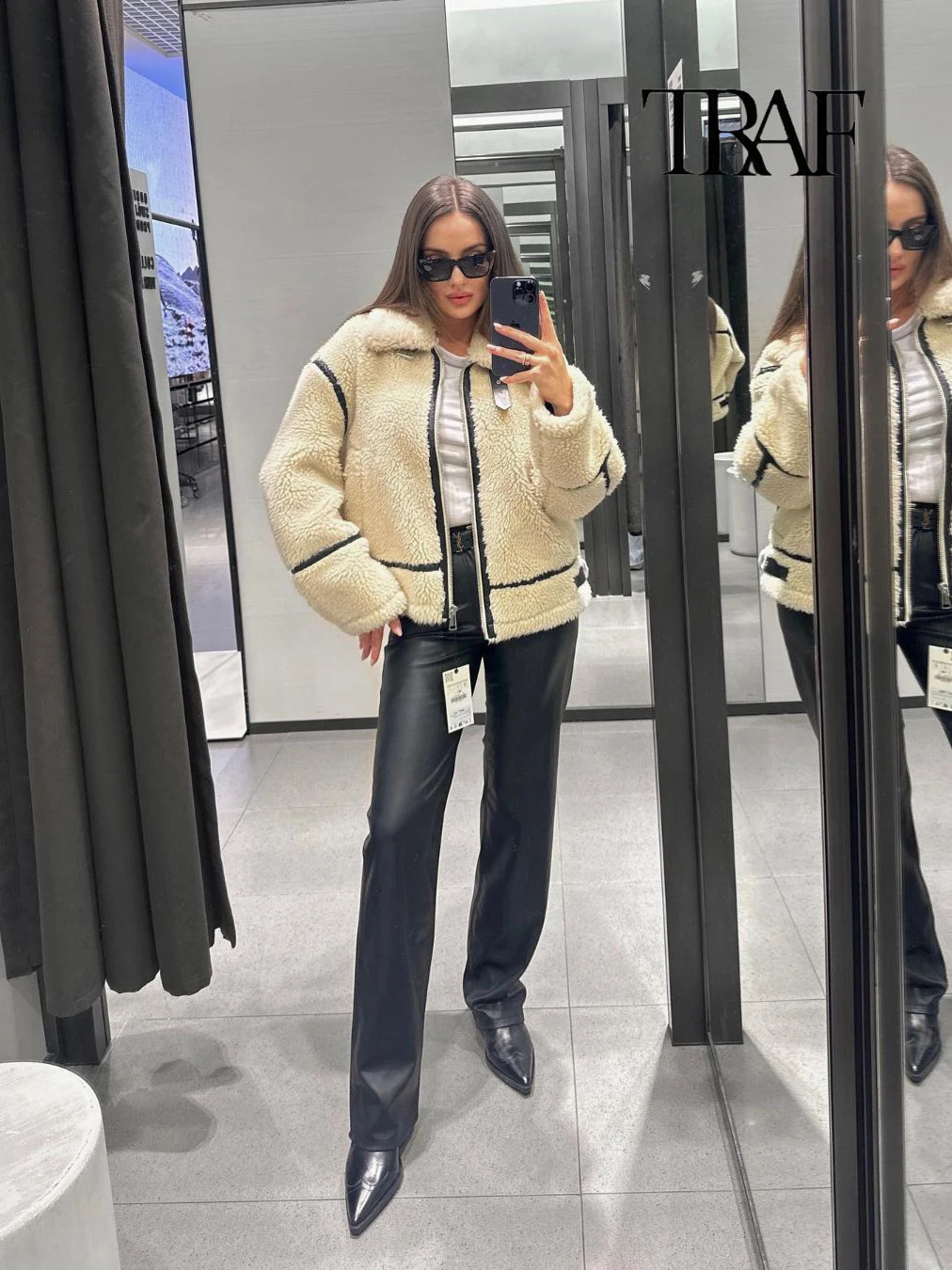 TRAF Womens Fashion Autumn and Winter High Street Lamb Wool Coat Casual Plush Warm Flip Lapel Zipper Clash Color 241230