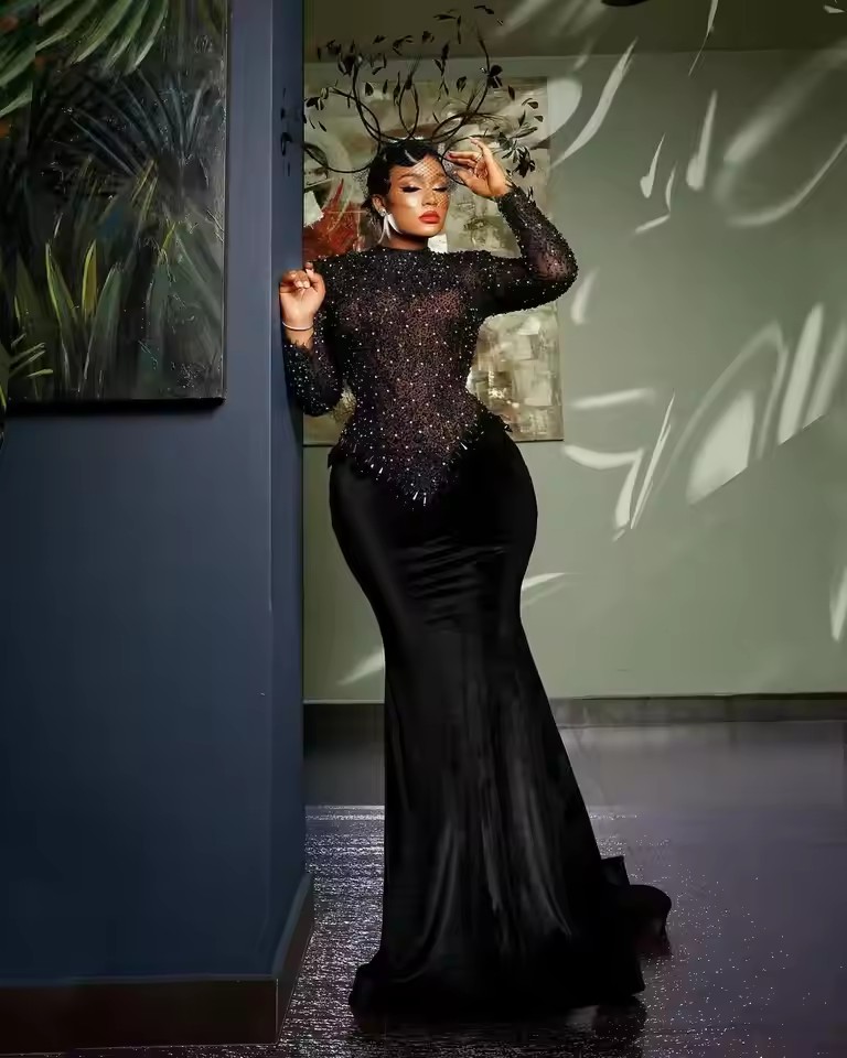 Classy Black Veet Birthday Dress Formal Ocn Aso Ebi Style Beaded Sequins Prom Party Gowns African Customized 0220