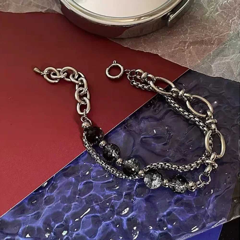 2024 vintage black cracked bead bracelet mens stainless steel double-layer chain fashionable hip-hop jewelry Pulseras W241231