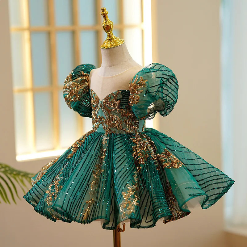 Kids Party Green Gold Dresses for Girls Size 1 - 12 Years Birthday Po Shoot Gown Evening Formal Lace Dress Prom Frock 241230