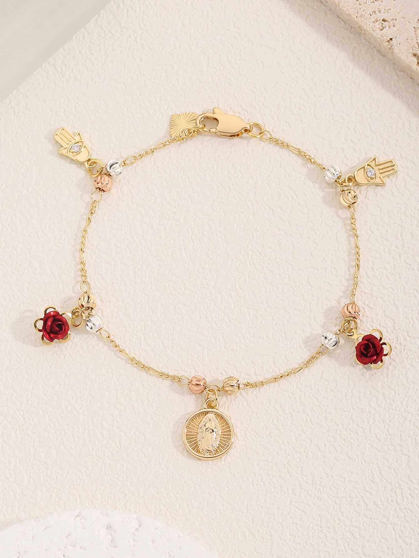 FanSibao Rose Madonna Pendant Watermelon Pattern Prayer Bead Bracelet Exquisite Jewelry Christmas Gift W241231