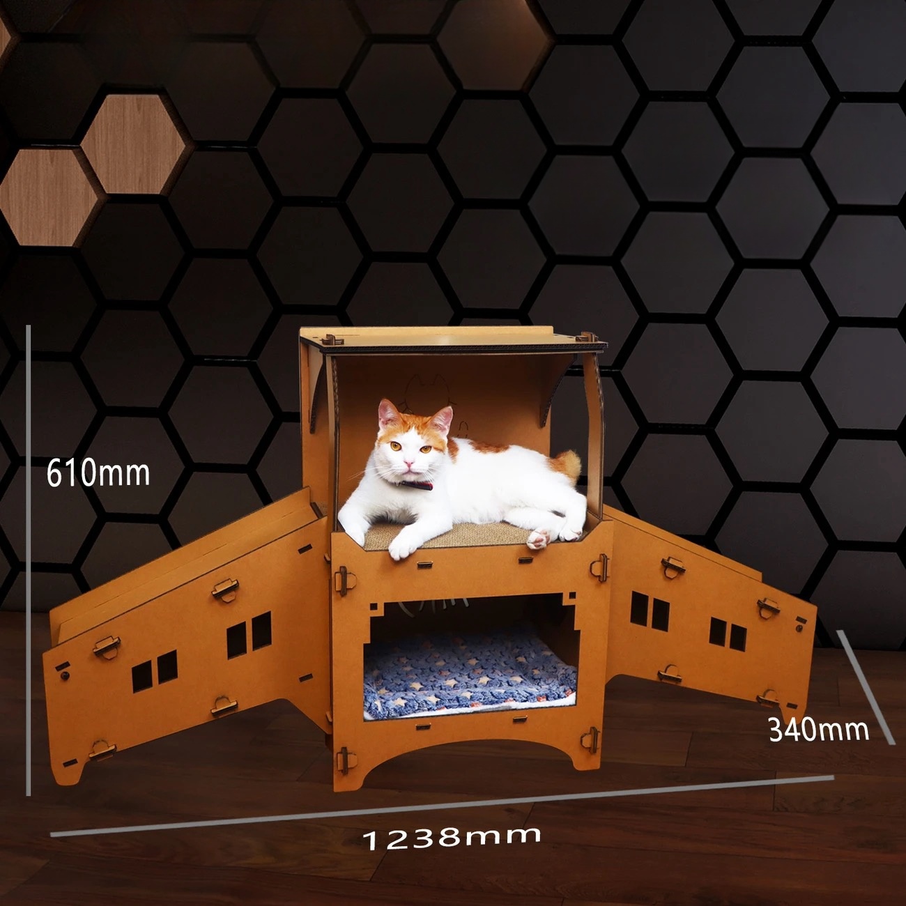 Cardboard Cat House Castle Playground, Multi-Level Cat Hideout Scratcher with Detachable Hanging and Spring Toys