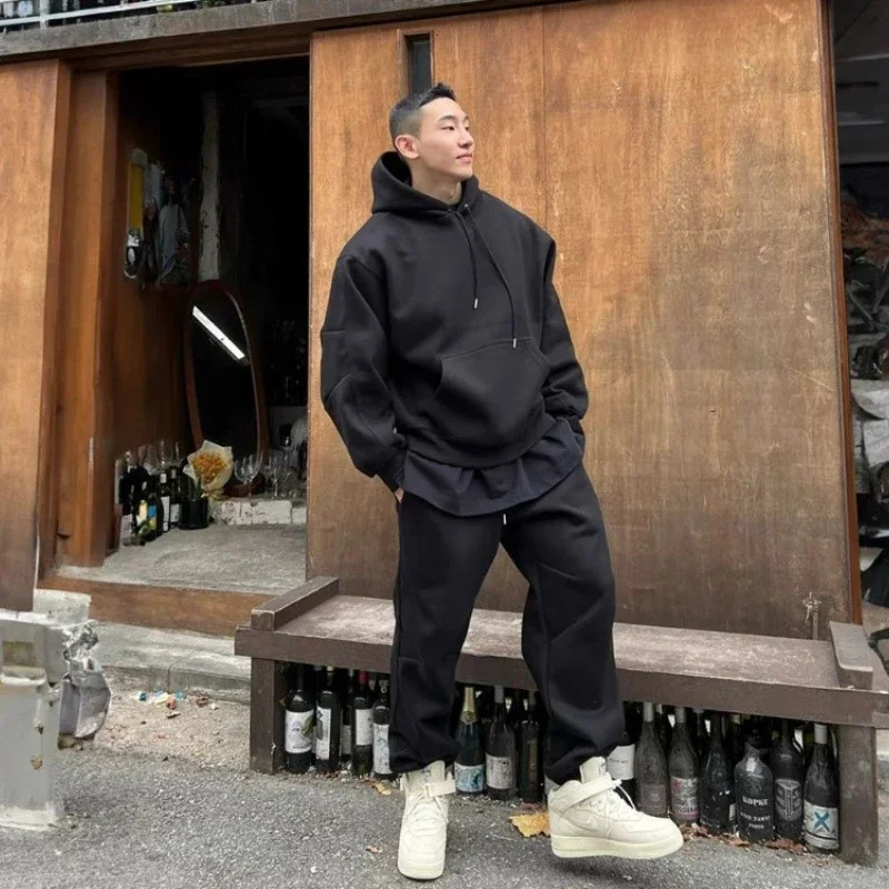 Hooded Sweatshirt Men's Autumn Winter Veet Two-Piece Set American Oversize Loose Casual Sweatpants Suit Aesthetic Streetwear