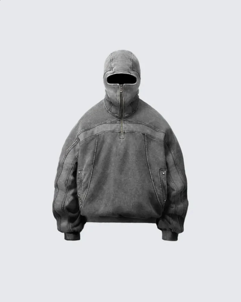 Classic Balaclava Hoodie Men Washed Gray Ninja Pullover Sweatshirt Hip Hop Splicing Y2k Vintage Winter Streetwear Couple Tops 241230