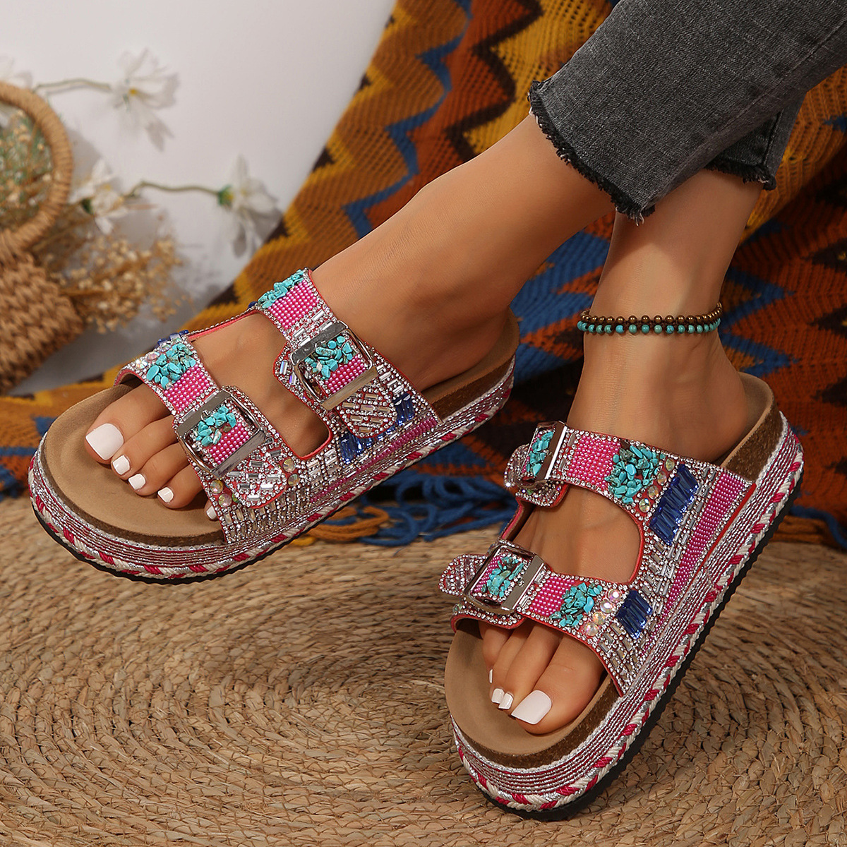 2025 summer new retro fashion thick NEW sole double buckle dia-like slippers for women every beach big size 36-43 women's shoes