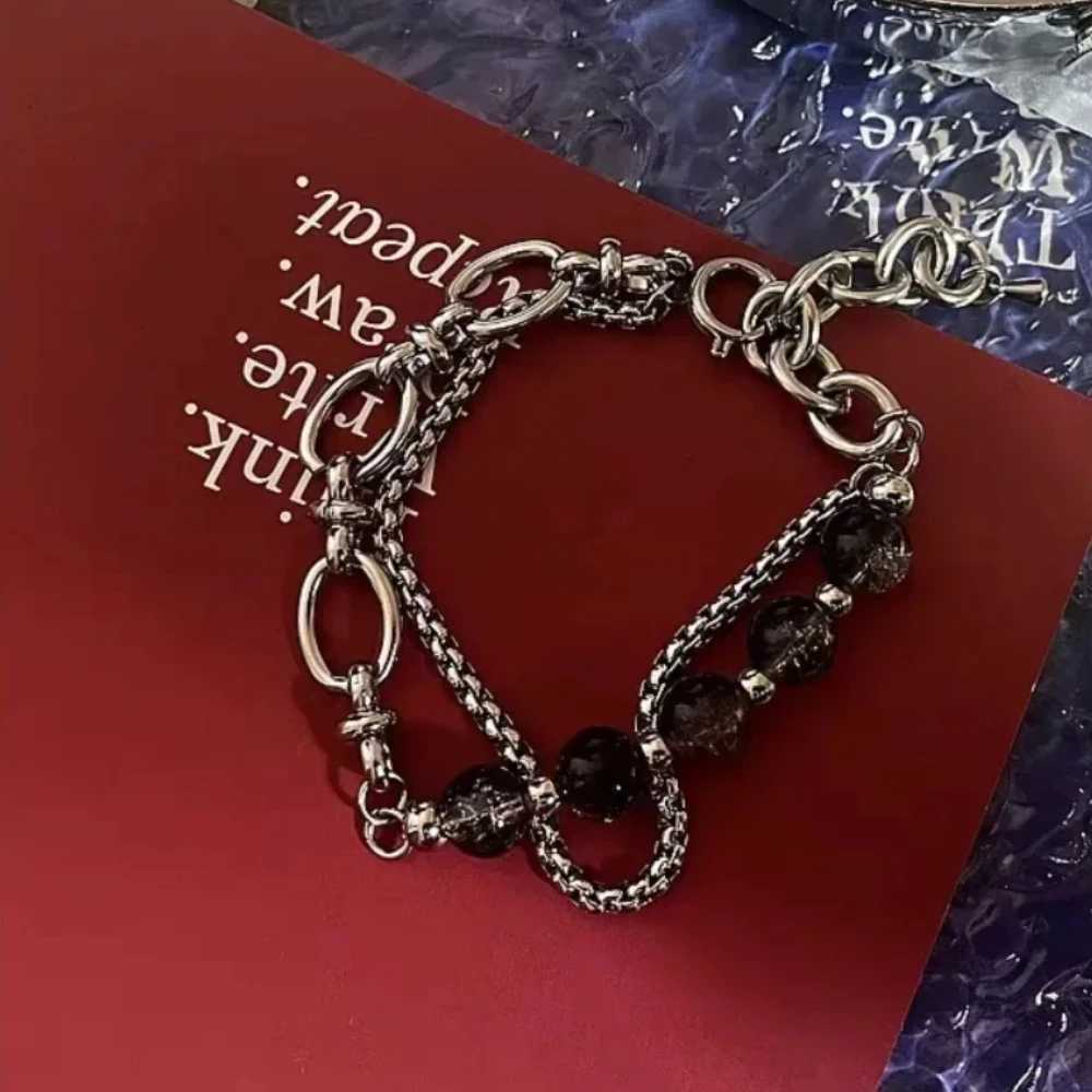 2024 vintage black cracked bead bracelet mens stainless steel double-layer chain fashionable hip-hop jewelry Pulseras W241231