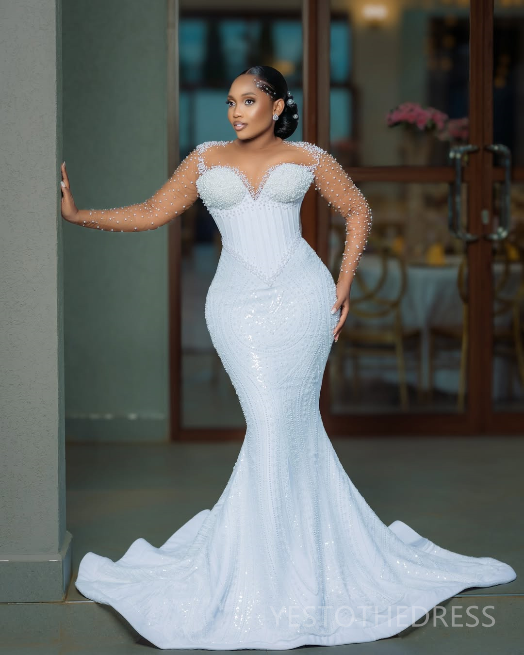 2025 Two Ways Wedding Dresses Bridal Gowns For Bride Mermaid Marriage Dress Sheer Neck Long Sleeves Beaded Lace Detachable Train For Black Women D463