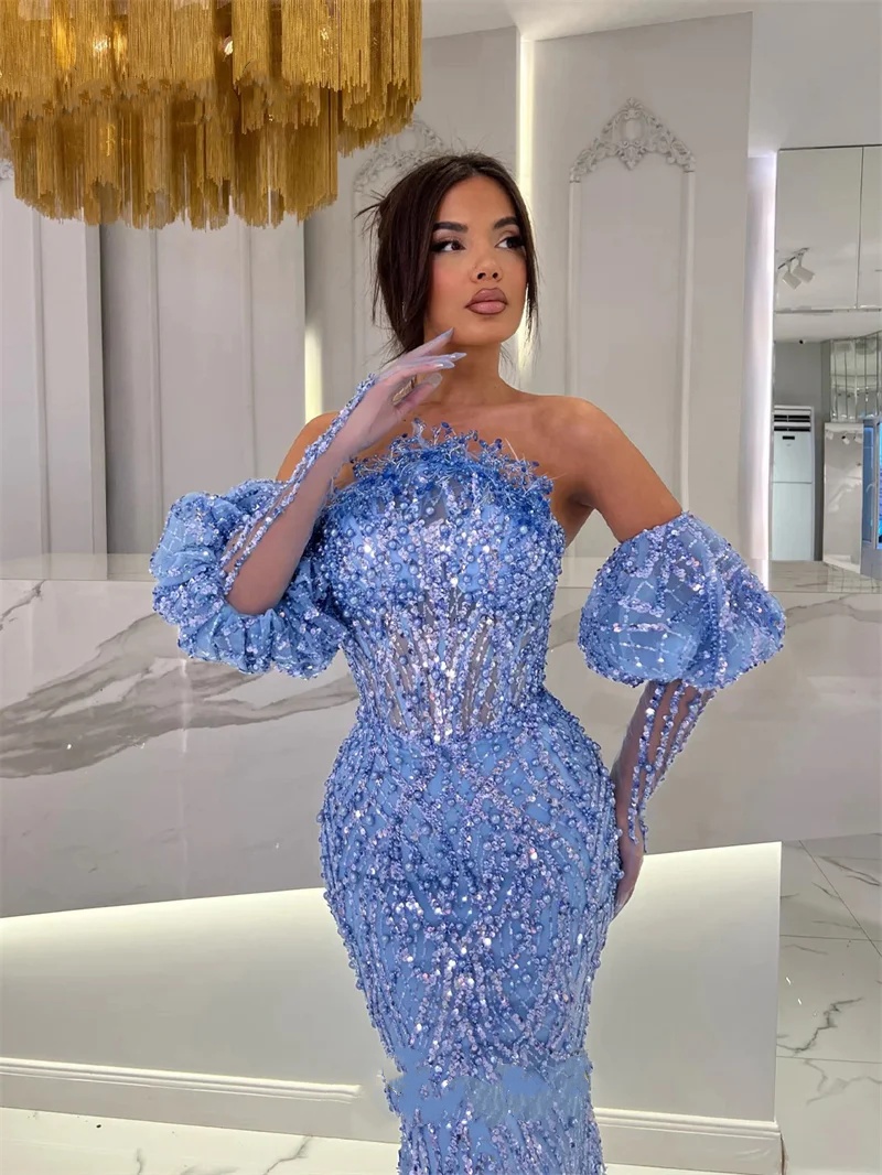 Strapless Sequined Evening Gown with Removable Sleeves - Sweep Train, Customizable, 2024 Party Dress