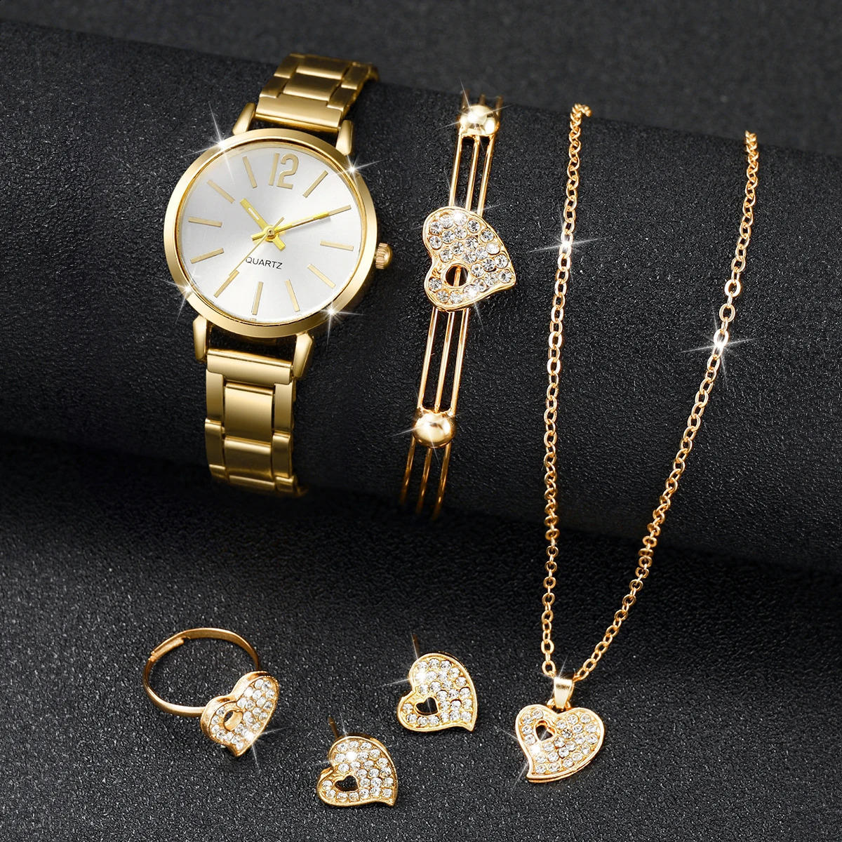 6PCSSet Womens Watch Fashion Stainless Steel Band Analog Quartz Watches Heart Jewelry SetWithout Box 241225